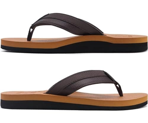 KuaiLu Mens Leather Flip Flops Arch Support Summer Beach Pool Water Thong Sandals Waterproof Essentials Walking Shoes Slip on Orthotic Casual Sport Cushioned Wide Slides Shower Slippers Khaki Size 11 — view 7