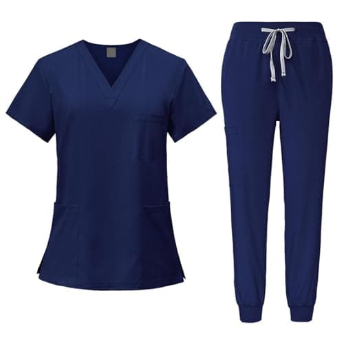 YIJU Female Scrub Set Nurse Workwear V Neckline Professional Machine Washable Top and Joggers Pant Work Clothing for Beauty Center, Navy Blue, S