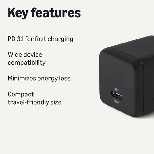 Amazon Basics 20W Fast Charging USB-C Nano GaN Wall Charger, 1-Port PD 3.1, Compact Travel-Friendly, Wide Compatibility for iPhone, Tablets, Phones, Black