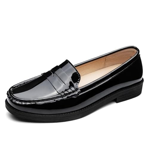 Freeberry Women's Comfortable Leather Penny Loafers Slip On Business Casual Dress Shoes Lightweight Office Work Flats Everyday Walking Shoes for Women, Black Patent, 7.5 M US — view 2