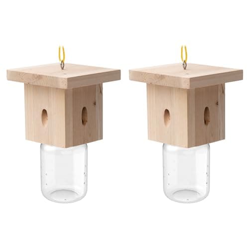 2 PCS Wood Carpenter Bee Trap for Outside - Best Bee Trap - Nature Hanging Carpenter Bee Traps Plastic Jar Outdoor - Insect Traps