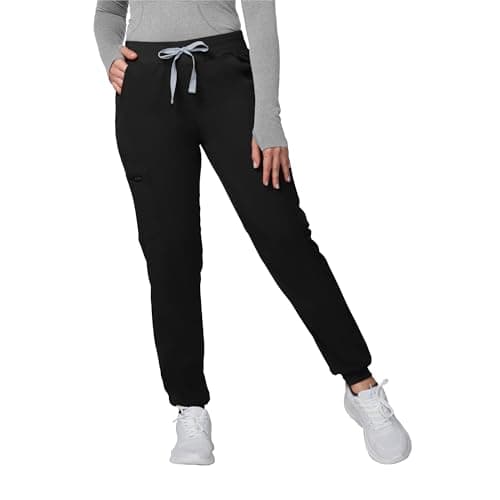 Kitmaz Scrub Pants for Women - Mid Rise 4-Way Stretch Anti-Wrinkle Slim Fit Jogger Pants, Drawstring & 5 Pockets(Black,M)