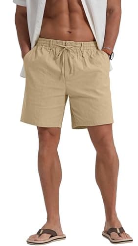 Sailwind Men's Linen Casual Shorts Drawstring Elastic Waist Summer Beach Shorts with Pockets Khaki — view 4