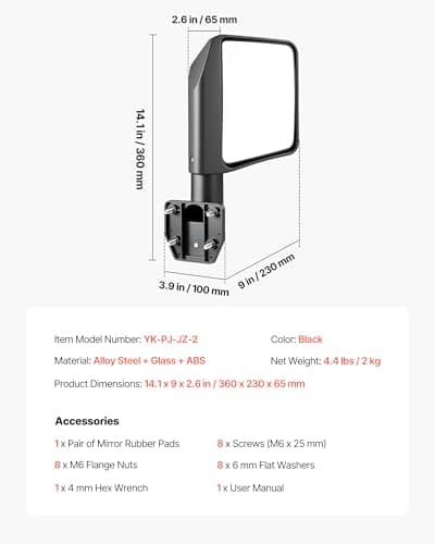 VEVOR Tube Door Side Mirrors, Compatible with Jeep Wrangler CJ7 YJ TJ JK JL/Gladiator JT/Cherokee XJ, DOT-Certified Side View Mirrors for Half Tubular Doors, Up/Down/Left/Right Adjustable, 1 Pair — view 6