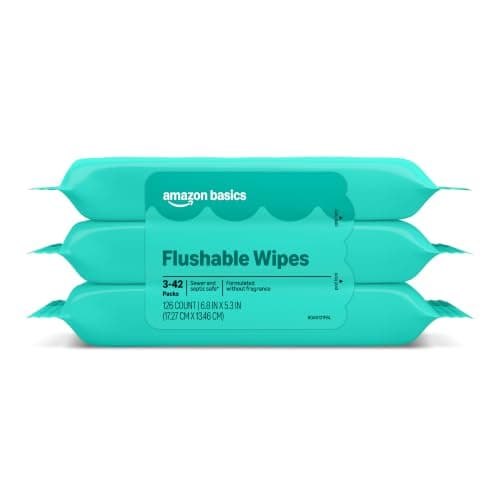 Amazon Basics Flushable Wipes, Fragrance Free, Adult Wet Wipes,126 Count (3 Packs of 42), Packaging May Vary