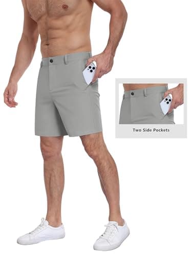 TUREFACE Mens Casual Flat Front Shorts for Men 7 Inch Inseam Quick Dry Wrinkle Resistant Shorts Light Grey Large — view 3