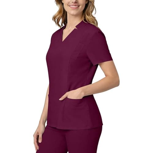 Women Medical Scrub Tops with Notch V Neck Short Sleeve High Elastic Scrubs Classic Lightweight Breathe Nurse Uniform Wine Medium — view 4