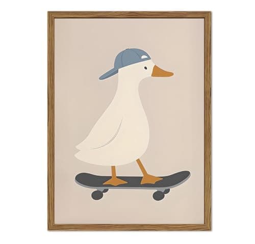Cute Goose Wall Art Funny Silly Goose Skateboard Wall Decor Painting Whimsical Duck Poster Canvas Print Picture for Living Room Bedroom 12x16 inch Wood Framed