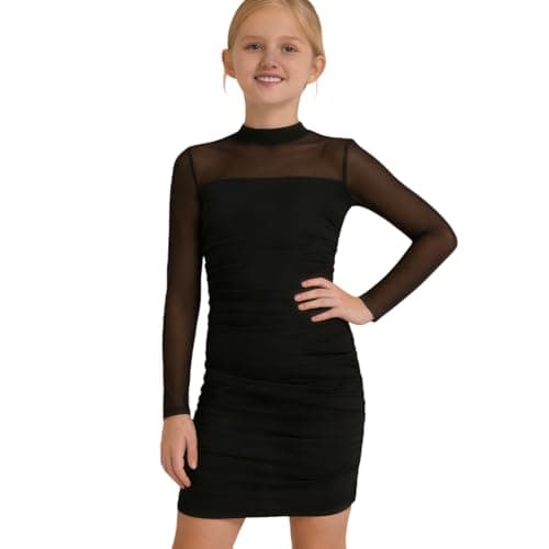 Noubeau Girls Long Sleeve Ruched Bodycon Dress Teen Tweens Formal Party Homecoming School Dance Short Fitted Dresses, Black, 14 Years — view 4