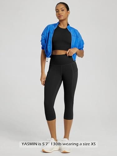 ODODOS Women's High Waisted Yoga Capris with Pockets,Tummy Control Non See Through Workout Sports Running Capri Leggings, Black,Medium — view 3