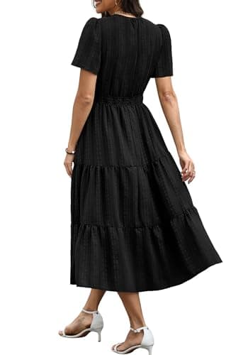 RUMIA Maxi Dress for Women Summer Linen V Neck Elastic Waist Lightweight Vacation Dress Black L — view 4
