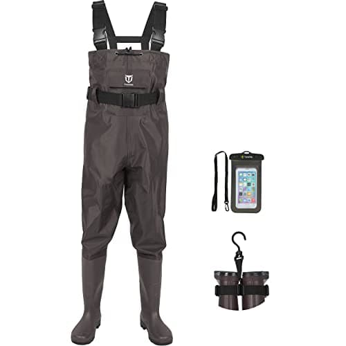 TideWe Bootfoot Chest Waders, PVC Fishing Waders 2-Ply Nylon Waterproof Hunting Waders with Boot Hanger for Men and Women Brown Size 11