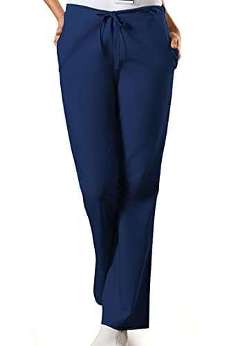 Cherokee Women's Natural Rise Flare Leg Drawstring Scrub Pant, Navy, Medium-Petite