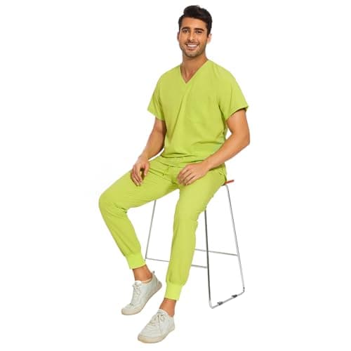 COZYFIT Men Scrubs Set — Stretch V-Neck Scrub Top & Jogger Pant with 8 Pockets, Yoga Waistband, Anti-Wrinkle Scrubs for Men - Apple Green, XXL — view 5