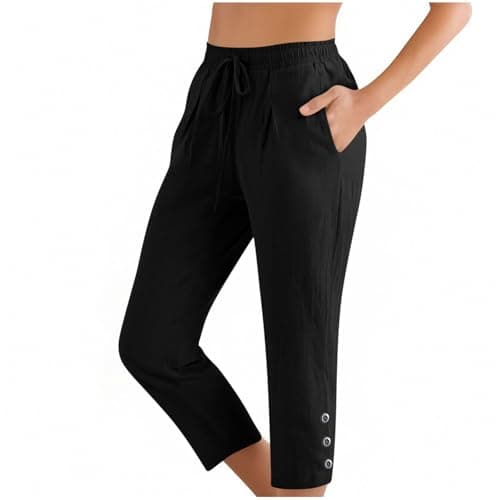 Summer Cotton Linen Capri Pants for Women High Waist Drawstring Straight Leg Capris Casual Beach Cropped Lounge Pant Black — view 3