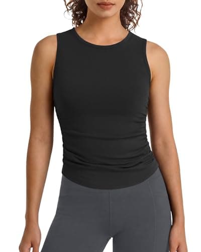 G4Free BareFeel Workout Yoga Tank Tops Ruched Sleeveless Athletic Tanks High Neck Pilates Top, Black, Medium