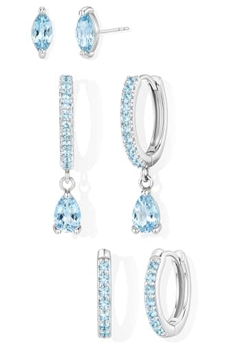 GoldGifts March Birthstone Aquamarine Earrings - Light Blue Jewelry Gift, Hypoallergenic Sterling Silver Small Huggie Hoop Set for Women, Dainty Trendy Stack Dangle Studs for Cartilage Helix