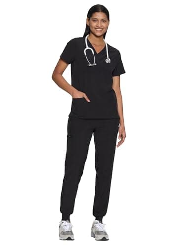 COZYFIT Scrubs for Women Set - Stretch V-Neck Scrub Top & Jogger Pant with 10 Pockets, Yoga Waistband, Anti Wrinkle, Slim Fit Women Scrubs - Black, M