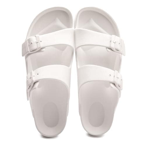 FUNKYMONKEY Women's Comfort Slides with Arch Support, Non-Slip Lightweight Foam Slip-on Flat Beach Sandals with Adjustable Buckle for Vacation & Everyday Wear(8 M US-Women, White) — view 6