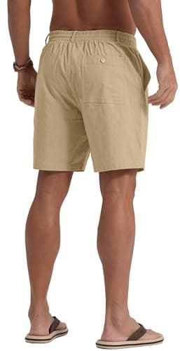 Sailwind Men's Linen Casual Shorts Drawstring Elastic Waist Summer Beach Shorts with Pockets Khaki — view 5