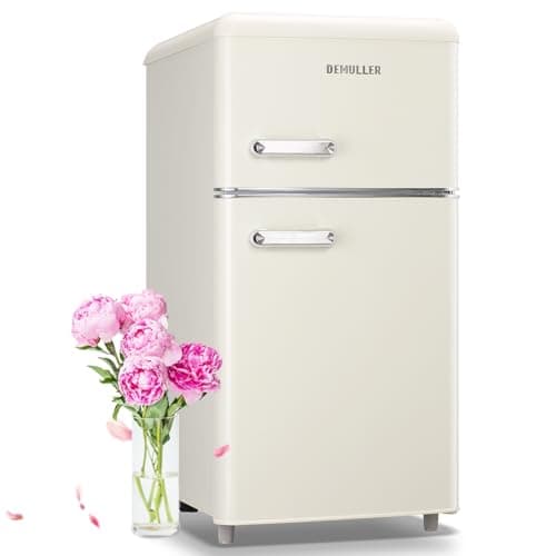 DEMULLER 100L Retro Mini Fridge with Freezer Dual Doors & Handles Compact Refrigerator with 7 Thermostat Control Freestanding Small Fridge with LED Light Cream