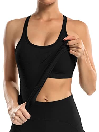 ATTRACO Black Workout Tops for Women Built in Bra Tank Tops Racer Back Yoga Tops Slim Fit — view 3