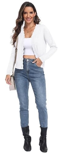 PrinStory Lightweight Long Sleeve Cardigan for Women V Neck Scalloped Edge Knit Cropped Sweater Cardigans White L — view 4