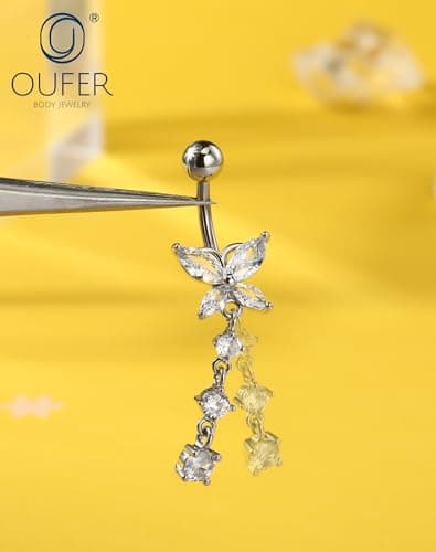 OUFER 5PCS Silver Belly Button Rings Dangle– 14G Surgical Steel Belly Button Piercing, Hypoallergenic Belly Rings with CZ Butterfly Flower Teardrop Barbell for Beach Festival Gym — view 6