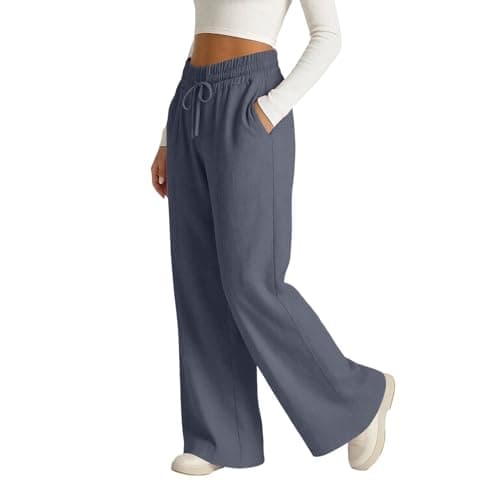 Rseomihvy Women's Cotton Linen Pants Summer Straight Wide Leg Trousers Drawstring Elastic Waist Loose Beach Vacation Outfits Dark Gray — view 5