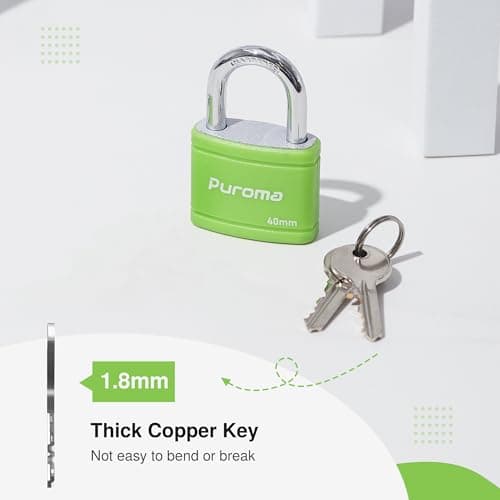 Puroma Keyed Padlock with 2 Keys Alike, 7/8 Inch Locker Lock 40mm Heavy-Duty Locks for School Gym Locker Gate Fence Hasp Cabinet Toolbox (Green) — view 5