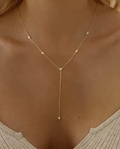 Fwlisesa Gold Necklace for Women, Dainty Long Necklace 14k Gold Plated Lariat Long Necklaces for Women Trendy Simple Statement Drop Necklace Fashion Body Chain Prom Jewelry Gold Accessories