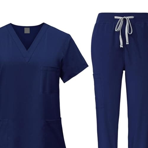 YIJU Female Scrub Set Nurse Workwear V Neckline Professional Machine Washable Top and Joggers Pant Work Clothing for Beauty Center, Navy Blue, S