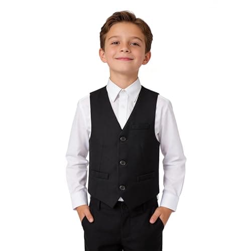LOLANTA Suit Vest for Boy Classic Fit V Neck 3 Buttons Church Clothes Dress Waistcoat with Pockets (Black, 7-8 Years)