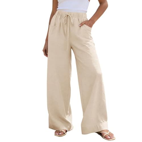 Women Linen Pant Casual Drawstring Wide Leg Palazzo Pants High Waisted Summer Beach Vacation Slacks with Pockets Beige
