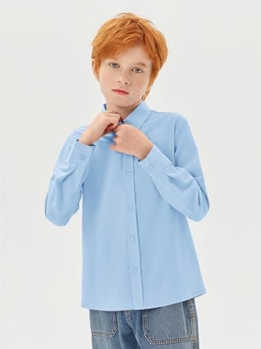 Haloumoning Boys Long Sleeve Dress Shirts Kids Classic Collared Button-Down Shirt School Uniform Shirts 5-14 Years, Sky Blue, 11-12 Years — view 2