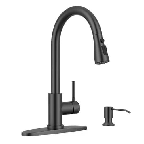 WEWE Kitchen Faucet with Soap Dispenser and Pull Down Sprayer, RV Single Handle Classic 3 Modes Stainless Steel Faucet for Kitchen Sink, RV, Matte Black
