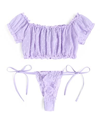 Avidlove Bra and Panty Set Cute & Sexy Chiffon Ruffle Lingerie Set Mesh Babydoll Chemise Lavender Large — view 2