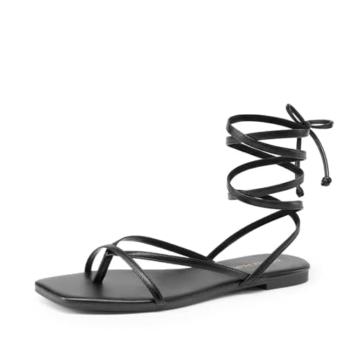 DREAM PAIRS Womens Strappy Lace Up Summer Flat Sandals,Black,8