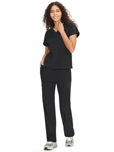 Scrubs for Women Set Medical Uniform - V-Neck Top & Straight Leg Pants with 9 Pockets, Wrinkle-Resistant Unisex Workwear, Black, M — view 2