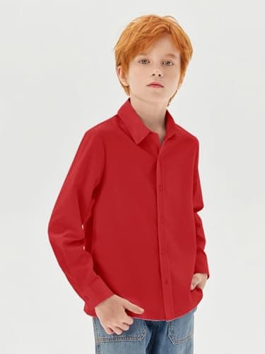 Haloumoning Boys Long Sleeve Dress Shirts Kids Classic Collared Button-Down Shirt School Uniform Shirts 5-14 Years, Red, 13-14 Years — view 3