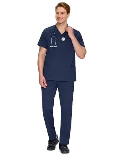 Scrubs for Men Set - V-Neck Scrub Top and Straight Leg Pants with 11 Pockets, Elastic Drawstring Men Scrubs set, Navy Blue, M