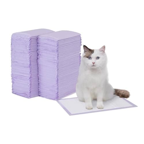 Amazon Basics Cat Pee Pads, Super Absorbent, Odor Control with Fresh Scent, Universal Fit for Litter Box, Multi Cat, Disposable, White/Purple, 100 Count