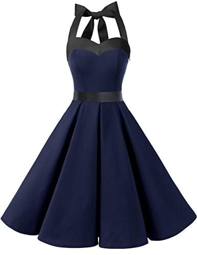 DRESSTELLS Women's Vintage 1950s Cocktail Dresses, 60s Retro Formal Wedding Guest Mother Bride Prom Party Halter Rockabilly Swing Dress Navy Black M