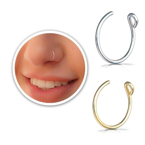 Fake Nose Rings For Women - Set of 2 Tiny Thin 20 Gauge 7mm Faux Nose Piercing Hoops - Handmade 925 Sterling Silver 14k Gold Filled Clip On Nose Jewelry - No Piercing Needed - Gift Ready