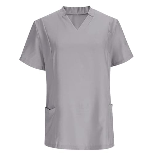Women Medical Scrub Tops with Notch V Neck Short Sleeve High Elastic Scrubs Classic Lightweight Breathe Nurse Uniform Gray Medium — view 5