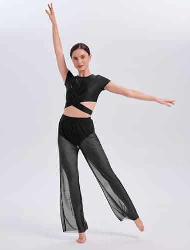 ODASDO Lyrical Dance Costume Women Modern Contemporary Two Piece Outfit Short Sleeve Crop Tops with Mesh Wide Leg Pants Set, Black, X-Small — view 6