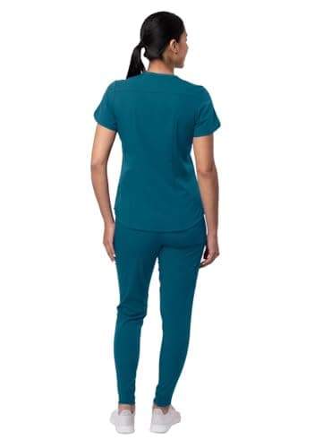 Adar Pro Modern Athletic Scrub Set For Women - Modern V-Neck Scrub Top & Yoga Jogger Scrub Pants - P9500 - Caribbean Blue - S