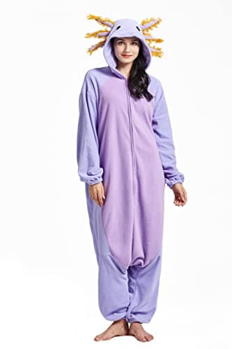 DELEY Unisex Axolotl Costume Adult Onesie, One Piece Pajamas, Halloween Cosplay Costumes Homewear Jumpsuit,Animal Onesie, Lavender, Large