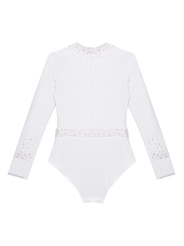 Xroufi Gymnastics Leotard for Girls Sparkle Diamond Long Sleeve Dance Bodysuit Biketard Training Practice Outfit White 8 — view 4
