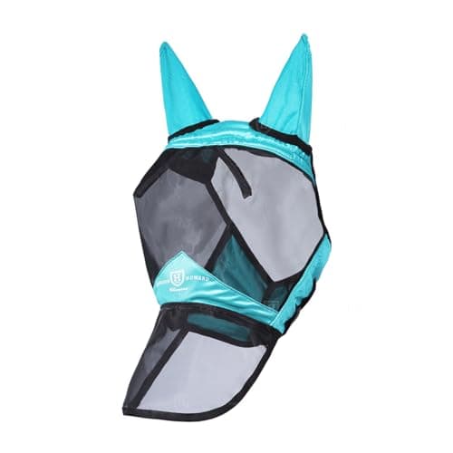 Harrison Howard Pro Luminous Horse Fly Mask Large Eye Space Long Nose with Ears UV Protection for Horse Teal L
